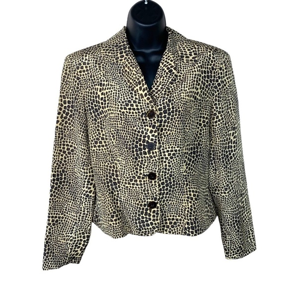 Small NWT Vintage Silk Animal Print Blazer Lined Shoulder Pads Brown Beige - Picture 1 of 10